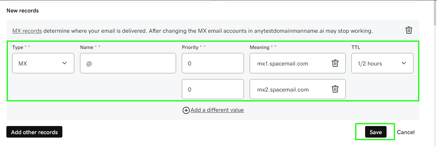 GoDaddy域名配置Spacemail DNS